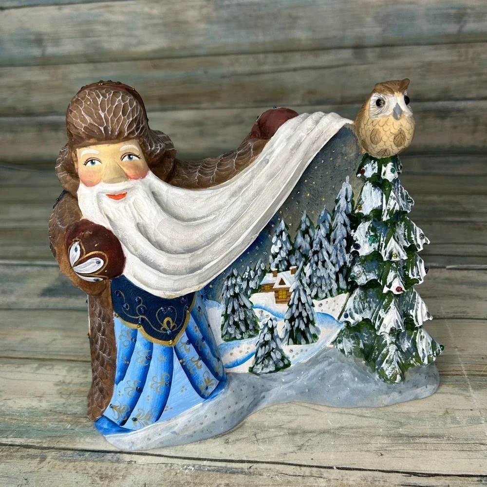 Russian Santa Father Frost Wood Hand Carved Painted‎ Signed Owl Tree Moroz